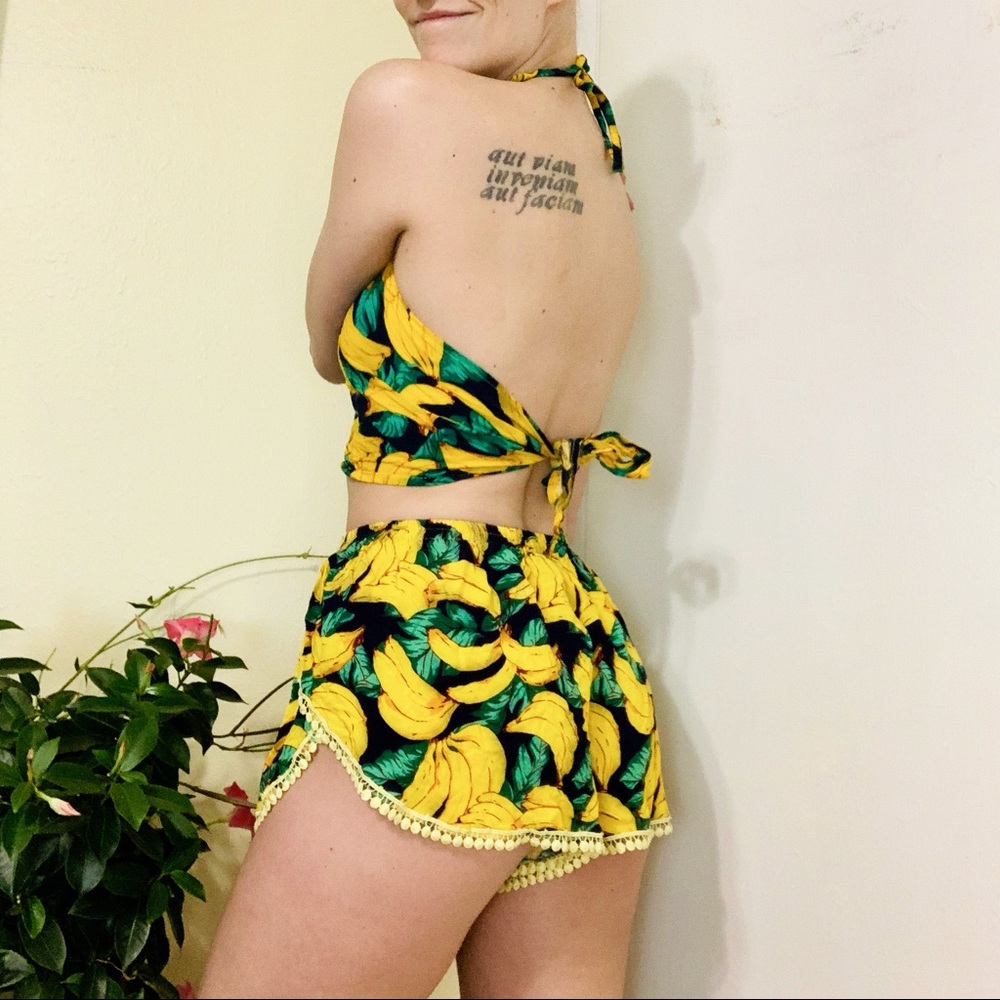 Banana Print Halter Crop Top & Shorts Matching Set